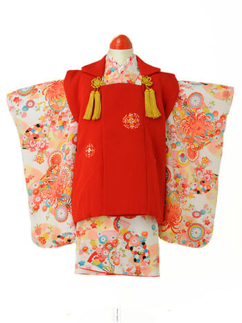 【スーパーセール5%OFFクーポン配付中!】七五三レンタル フルセット 3才 女児 被布「花つづみ」(身長90cm〜100cm) j306【レンタル】