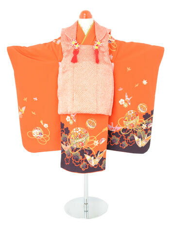 【スーパーセール5%OFFクーポン配付中!】七五三レンタル フルセット 3才 女児 被布「朱赤手毬」(身長85cm〜95cm) j309【レンタル】【片道送料無...