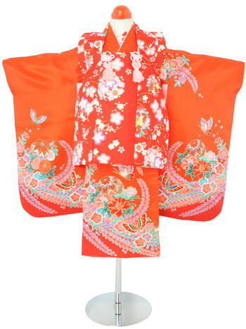 【スーパーセール5%OFFクーポン配付中!】七五三レンタル フルセット 3才 女児 被布「赤辻ヶ花手毬」(身長95cm〜105cm) j310【レンタル】【片道...