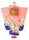 【レンタル商品10%OFF】七五三レンタル フルセット 7才 女児「ピンクカラー牡丹裾紫」(身長110cm〜120cm) j708【レンタル】