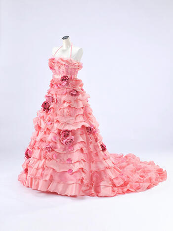 カラードレス/ウェディング用 9～13号《サーモンピンクハイウエストティアードドレス》pink-014