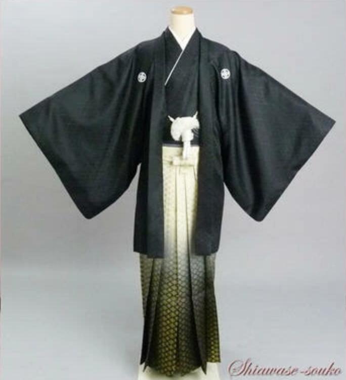 男性 紋付袴 一式セット レンタル「黒亀甲」dm003（身長173cm～177cm位）【レンタル】