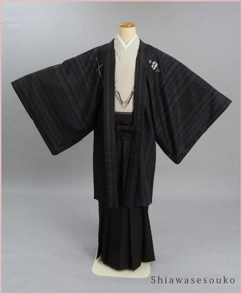 男性 紋付袴 一式セット レンタル「ジャパンスタイル縞セット」dm018（身長173～177cm位）【レンタル】