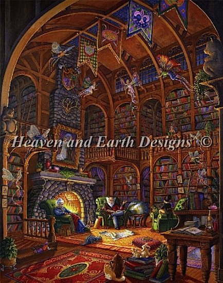 Randal Spangler クロスステッチ刺しゅうチャート HAED 図案 【Supersized Fireside Fairytales Max Colors】 Heaven And Earth Designs 難しい 上級者 図書館 図書室 本 読書 妖精 フェアリー