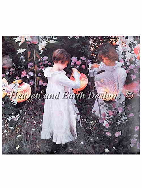 John Singer Sargent ジョン・シンガー・サージェント 名画 【カーネーション、リリー、リリー、ローズ Carnation Lily Lily Rose 】 クロスステッチ刺繍チャート HAED Heaven And Earth Designs 図案