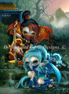 Heaven And Earth Designs クロスステッチ図案 チャート 【ニンジャ・ドラゴン】 Mini Ninja Dragonling くノ一 忍者 忍び 日本刀 山岳部 川 滝 少女 女性 森 林