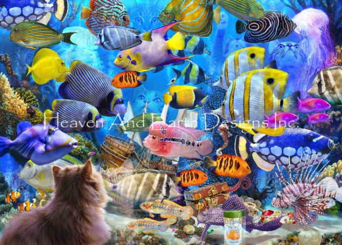 Jeff Haynie クロスステッチ刺しゅうチャート HAED 図案 【Supersized Aquatic Fantasies Max Colors】 Heaven And Earth Designs 輸入 上級者 ねこ 猫 ネコ 魚 さかな サカナ フィッシュ 水族館 水槽