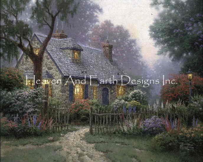 Thomas Kinkade クロスステッチ刺しゅうチャート HAED 図案 【Foxglove Cottage】 Heaven And Earth Designs 難しい