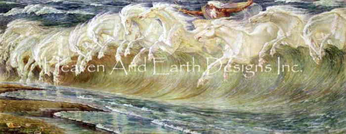 Walter Crane（ウォルター・クレイン） 名画 【Supersized Neptune’s Horses Full Max Colors】 絵画 美術 芸術作品 HAED クロスステッチ刺しゅう 図案 Heaven And Earth Designs 輸入 チャート 海 馬 波 ネプチューン 王