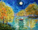 Karen Tarlton クロスステッチ刺しゅうチャート HAED 図案 【Moonlight Fishing】 Heaven And Earth Designs 輸入 上級者 油彩 油絵 月夜 夜 船 釣り フィッシング 夜釣り 満月 銀杏 秋 風景