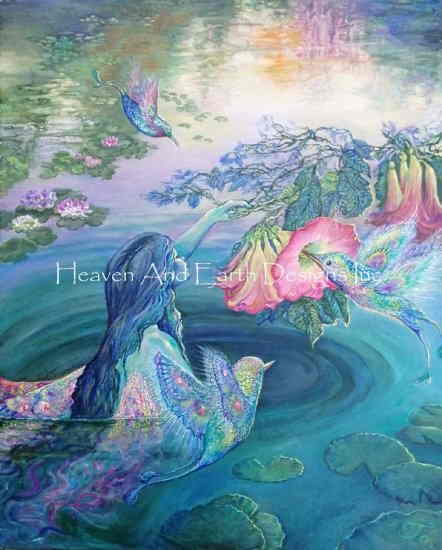 Josephine Wall クロスステッチ刺しゅうチャート HAED 図案  Heaven And Earth Designs 輸入 上級者 妖精 フェアリー 精霊 川 ハチドリ エンジェルトランペット 花