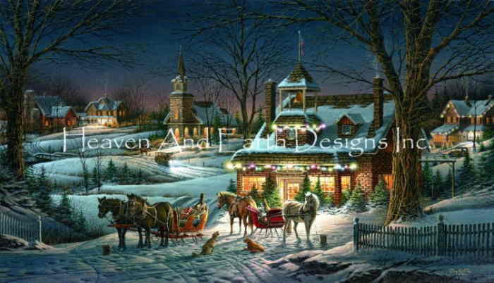 Terry Redlin クロスステッチ刺しゅうチャート HAED 図案 【Evening Rehearsals】 Heaven And Earth Designs 輸入 上級者 風景 馬車 雪 クリスマス モミ 犬