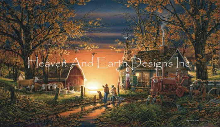 Terry Redlin クロスステッチ刺しゅうチャート HAED 図案 【Morning Sunrise】 Heaven And Earth Designs 輸入 上級者 風景 朝陽 朝日 カントリーハウス 農場 牛 犬 農機具 農具