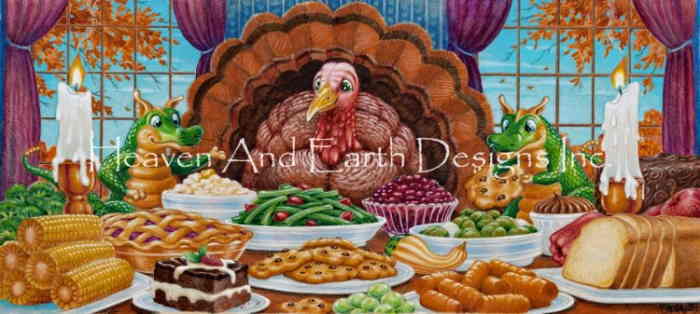 Randal Spangler クロスステッチ刺しゅうチャート HAED 図案 【Turkey for Thanksgiving】 Heaven And Earth Designs 輸入 上級者 七面鳥 ターキー パイ とうもろこし コーン 秋 ドラゴン 竜 龍 キャンドル 食事 ごはん ランチ クッキー りんご パプリカ チョコレートケーキ