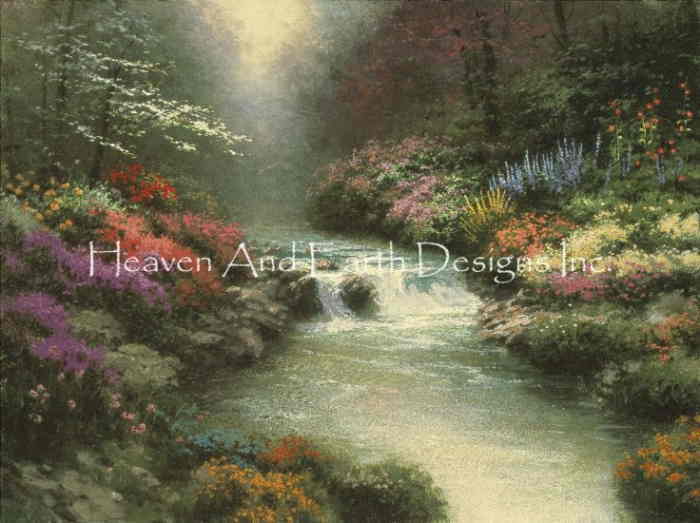 Thomas Kinkadeクロスステッチ刺しゅうチャート HAED 図案 【Mini Beside Still Waters】 Heaven And Earth Designs 輸入 上級者 川 森 風景 花 フラワー 小川