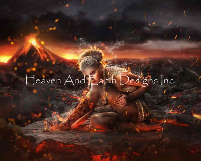 Tara Lesher クロスステッチ刺しゅうチャート HAED 図案 【Fire Goddess TL】 Heaven And Earth Designs 輸入 上級者 海外 女神 神 火 炎 火山 活火山 山 噴火 マグマ 天災 火山島 風景