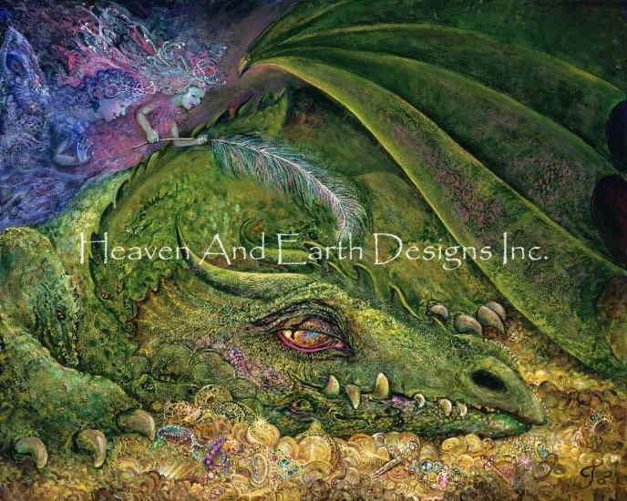 Josephine Wall クロスステッチ刺しゅうチャート HAED 図案 【Never Tickle A Sleeping Dragon】 Heaven And Earth Designs 輸入 上級者 ドラゴン 竜 龍 財宝 宝 お宝