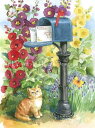 Carol Wilson クロスステッチ刺しゅうチャート HAED 図案 【Kitty At The Mail Box】 Heaven And Earth Designs 難しい 上級者 ねこ ネコ 猫 春 ポスト 郵便 手紙 レター タチアオイ ゼニアオイ