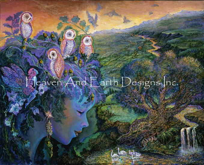 Josephine Wall クロスステッチ刺しゅうチャート HAED 図案 【A Parliament of Owls】 Heaven And Earth Designs 難しい 上級者 風景 人物 女神 神