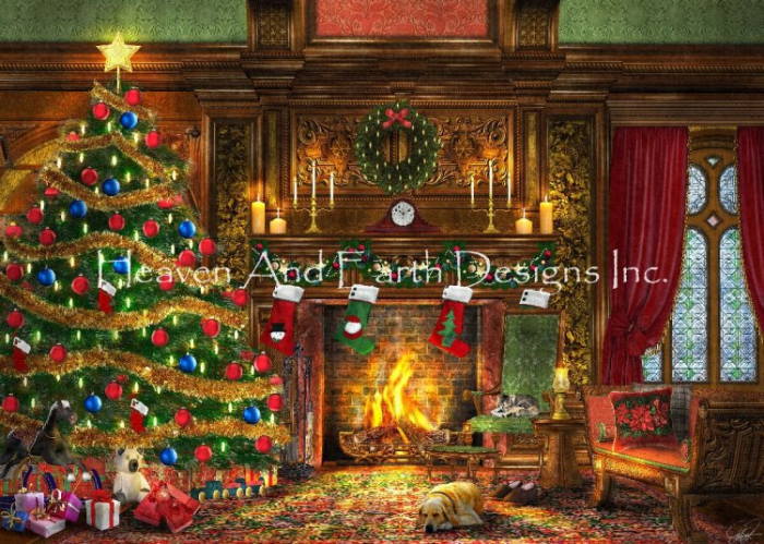 Dominic Davison クロスステッチ刺しゅうチャート HAED 図案 【Festive Fireplace】 Heaven And Earth Designs クリスマス 暖炉 冬 クリスマスツリー