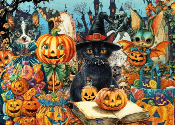 Jena Della Grottaglia -Maldonaldo クロスステッチ 図案 刺しゅう チャート 【 Mini Happy Halloween JDGM 】 Heaven And Earth Designs 輸入 上級者 ハロウィン ハロウィーン かぼちゃ カボチャ 南瓜 ジャックオーランタン ジャックオランタン ねこ ネコ 猫 黒猫