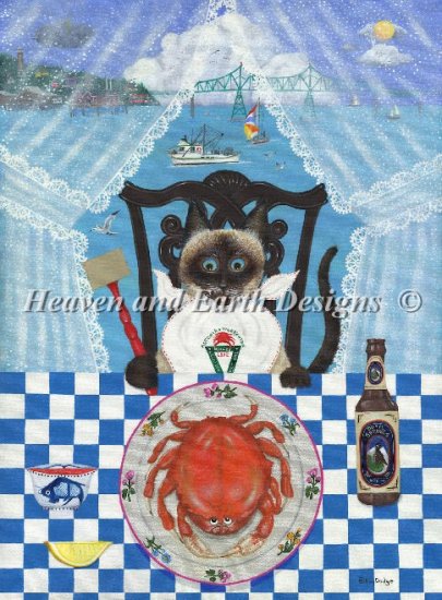 Heaven And Earth Designs (HAED) クロスステッチ刺繍 図案 輸入 Precious Gets Crab 猫 カニ 蟹 海 グルメ ...