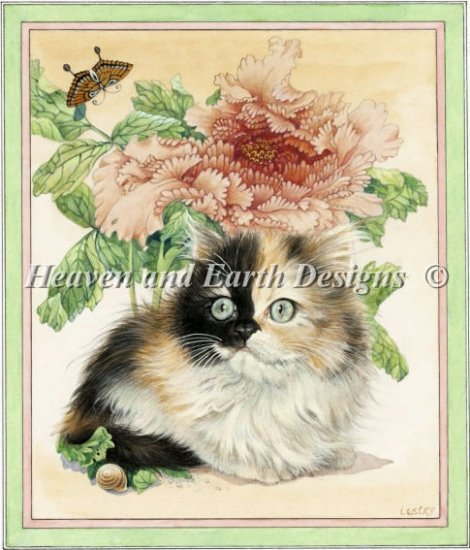 Lesley Anne Ivory クロスステッチ刺しゅうチャート HAED 図案 【Poppy In Peonies Max Colors】 Heaven And Earth Designs ねこ ネコ 猫 芍薬 牡丹 花