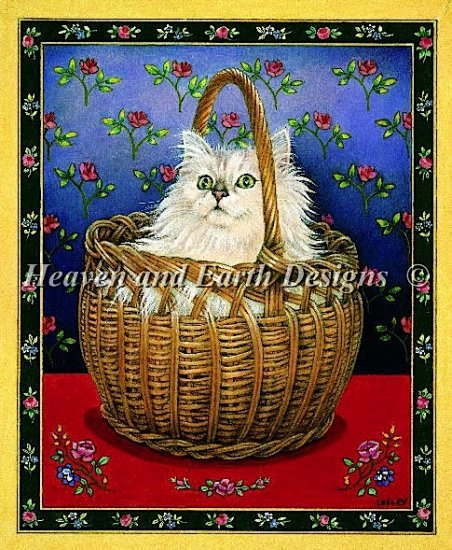 クロスステッチ刺繍 図案 Heaven And Earth Designs HAED 輸入 上級者 Lesley Ivory 薔薇とバケツの中の猫 Roses Cat Bengy in Basket 全面刺し