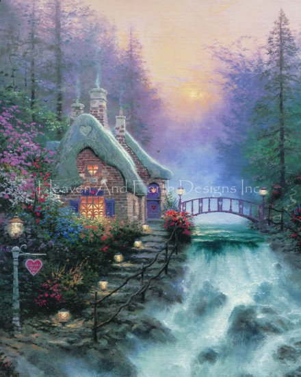 Thomas Kinkade クロスステッチ 図案 刺しゅう チャート 【 Mini Sweetheart Cottage II RAS 】 Heaven And Earth Designs 輸入 上級者 風景 川 小川 リバーサイド コテージ