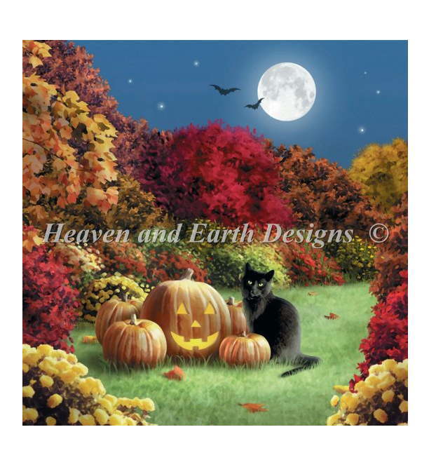 Alana Giana クロスステッチ刺しゅうチャート HAED 図案 【Mini Midnight AG】 Heaven And Earth Designs ハロウィーン ハロウィン 秋 かぼちゃ カボチャ 南瓜 パンプキン 満月 黒猫 ねこ 猫 ネコ