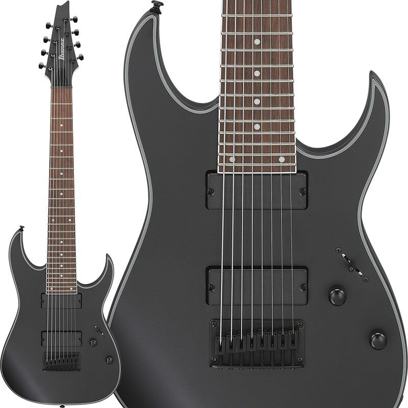 関連商品Ibanez/新品 商品一覧＞＞エレキギター【60，000円〜115，000円】 商品一覧＞＞STタイプ/Ibanez 商品一覧＞＞Ibanez RG8EX-BKF (Black Flat) STタイプ (エレキギター)商品説明RG 8 String / Good Value model !!ブラック・マット・フィニッシュがシャープな印象を与える、ハイ・コストパフォーマンス RG 8弦 新モデル!!・弾きやすさを追求した薄めのネックであるWizard直系、Wizard II-8 ネック・シェイプナチュラルなサウンドと高い強度を両立させる、メイプル材とウォルナット材を5pcに組み合わせたネックです。薄ネックならではのスムーズな演奏性をお約束します。・ジャトバ材指板赤褐色の木肌と木目を持つ硬質な木材で、ふくよかな中音域が特長です。ヘッドも含め、周囲にホワイト・バインディングを巻いています。・メランティ材ボディ中音域からやや低音域の特性に富んだ、明るくふくよかな音色と甘めのトーンが特徴です。古くから家具材や建築材料にまで幅広く扱われ、フィリピン・マホガニーと称される木材です。・Ibanez オリジナルIBZ-8 ピックアップ音域レンジの広いギター用に設計され、8弦であってもトーンの明瞭さを失うことなく、ハイゲイン設定にも対応する引き締まった低音域が特長のピックアップです。・F108 フィックスド・ブリッジ10.5mm弦間ピッチの独立したサドルを搭載し、各弦の高さ調整とイントネーション調整を容易に行えるハードテイル・タイプ・ブリッジ。・Mono-unit アウトプット・ジャック堅牢で破損に強い樹脂製一体型で、プラグ種別での通電差異が少ないです。また、ジャックの緩みによる接触不良や断線を防ぎます。※画像はサンプルです。製品の特性上、杢目、色合は個体ごとに異なります。商品詳細SpecsNeck type Wizard II-8 5pc Maple/Walnut nackBody Meranti bodyFretboard Bound Jatoba fretboard w/ White dot inlayFret Jumbo fretBridge F108 bridgeNeck pickup IBZ-8 (H) neck pickupBridge pickup IBZ-8 (H) bridge pickupControls， Pickup Selector 1 Volume， 1 Tone， 3-way lever switchHardware color BlackMachine head Ibanez machine headsStrings gauge .009/.011/.016/.024/.032/.042/.054/.065 (D'Addario EXL120-7+.065)Tuning (from top to bottom) 1D#，2A#，3F#，4C#，5G#，6D#，7A#，8FNeck DimensionsScale 686mm/27Width at Nut 55mmWidth at Last Fret 80mmThickness at 1st 20mmThickness at 12th 21.5mmRadius 400mmRIGB101バッグ付属イケベカテゴリ_エレキギター_STタイプ_Ibanez_新品 SW_Ibanez_新品 JAN:4549763353078 登録日:2024/03/27 エレキギター アイバニーズ イバニーズ