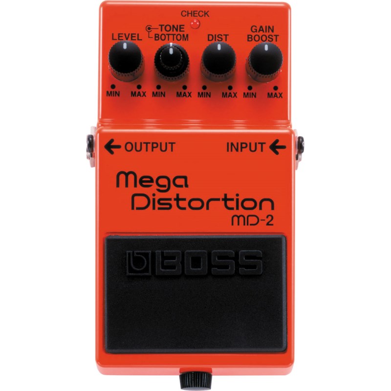 関連商品BOSS/Distortion ／ Overdrive ／ Fuzz 商品一覧＞＞BOSS/新品 商品一覧＞＞エフェクター【5，000円〜15，000円】 商品一覧＞＞ギター用エフェクター/歪み系/ディストーション/BOSS 商品一覧＞＞BOSS MD-2 (Mega Distortion) ギター用エフェクター 歪み系 (エフェクター)商品説明図太い低音の効いたディストーションや、高域に煌びやかさをもった歯切れの良いドライブまで作り出せるメガディストーション！ディストーションツマミとは別にゲインブーストツマミを搭載しており、この2つのツマミの組合わせで激しい歪みでありながら、ギターの個性やピッキングのニュアンスを失わないのでプレイを邪魔する事無くスムーズにバッキングやリフを刻める事と思います。低音の効いたへヴィーサウンドが欲しいのであれば、ボトムツマミを上げ気味にしてゲインブーストすれば厚みのあるヘヴィーサウンドが作り出せます。もちろん7弦にもオススメ！●SPEC●規定入力レベル −20dBu 入力インピーダンス 1MΩ 規定出力レベル −20dBu 出力インピーダンス 1kΩ コントロール ペダル・スイッチ、GAIN BOOSTつまみ、DISTつまみ、TONEつまみ、BOTTOMつまみ、LEVELつまみ 接続端子 INPUTジャック、OUTPUTジャック、ACアダプター・ジャック（DC9V） 電源 DC9V＝乾電池 S-006P/9V（6F22/9V）、ACアダプター 消費電流 18mA（DC9V） 連続使用時の電池の寿命（使用状態によって異なります） マンガン電池約18時間 付属品 乾電池 S-006P/9V（6F22/9V） 外形寸法 / 質量 幅(W) 73 mm 奥行き(D) 129 mm 高さ(H) 59 mm 質量 410 g 別売品：ACアダプター(PSA-100S)※0dBu = 0.775 Vrmsイケベカテゴリ_エフェクター_ギター用エフェクター_歪み系_ディストーション_BOSS_Distortion ／ Overdrive ／ Fuzz_新品 SW_BOSS_新品 JAN:4957054057527 登録日:2009/11/07 エフェクター コンパクトエフェクター ストンプボックス ボス