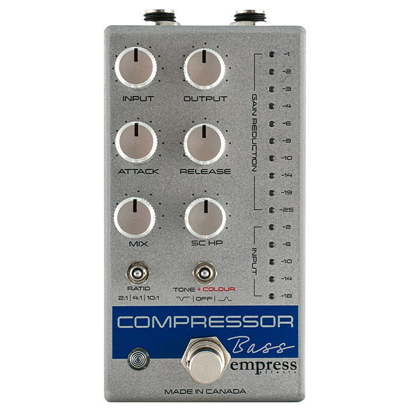 関連商品Empress Effects/新品 商品一覧＞＞エフェクター【25，000円〜55，000円】 商品一覧＞＞ベース用エフェクター/ベース用コンプレッサー・リミッター/Empress Effects 商品一覧＞＞Empress Effects Bass Compressor [Silver] ベース用エフェクター ベース用コンプレッサー・リミッター (エフェクター)商品説明レコーディング・スタジオ品質のコンプレッサーを足下に。様々な機能が追加されたベース用チューンバージョン！2011年にリリースされた前モデルのCompressorは、圧倒的な称賛を持って迎えられました。多くのシンプル過ぎるコンプレッサーペダルからから一歩踏み出し、スタジオグレード機器同等のコントロールを搭載し、プロフェッショナルなサウンドメイクを達成するCompressorはギターだけでなくベースでも最高のサウンドをアウトプットしましたが、Empressはさらなる高みを目指します。ベース・ギター用にチューニングされたBass Compressorの登場です。前モデル同様の通常ハイエンドなスタジオ機器でしか見られないコントロールは微細な設定を可能にし、プロフェッショナルなサウンドメイクを手助けします。更に完全にコントロール可能なサイドチェインハイパスフィルターと、2つのポジションのTone + Colourスイッチで豊かなキャラクターを与えます。従来のペダルコンプレッサーでは、ダイナミクスの制御と引き換えにどうしてもサウンドの精彩を欠いてしまう事が多かったのが事実です。Bass Compressorでは音楽表現や繊細なタッチを見事に制御しサウンドを見事に整えます。間違いなくすべてのベーシストにとって手放せない一台となるでしょう。【※ご注意※】入荷時から箱に多少ダメージが見受けられる個体もございます。イケベカテゴリ_エフェクター_ベース用エフェクター_ベース用コンプレッサー・リミッター_Empress Effects_新品 SW_Empress Effects_新品 JAN:4560482828685 登録日:2020/11/02 エフェクター コンパクトエフェクター ストンプボックス