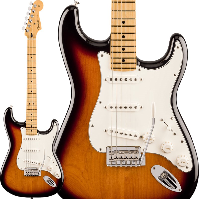 関連商品Fender MEX/Player 商品一覧＞＞Fender MEX/新品 商品一覧＞＞エレキギター【65，000円〜125，000円】 商品一覧＞＞STタイプ/Fender MEX 商品一覧＞＞Fender MEX Player Stratocaster (Anniversary 2-Color Sunburst/Maple) STタイプ (エレキギター)商品説明ストラトキャスターが登場して70周年を記念する今年、人気のPlayerシリーズにAnniversary 2-Color Sunburstが新たにカラーオプションに追加されました。プレイヤーのインスピレーションを駆り立てるストラトキャスターのサウンドは、フェンダーギターのアイデンティティを構成する礎のひとつです。ベルサウンドとも呼ばれる、鐘の音のように美しく澄んだハイエンド、パンチのあるミッドレンジ、力強いローエンド、透明感のある明瞭度など、クラシックなフェンダートーンを特徴とするPlayer Stratocasterには、本物のフェンダーのフィールとスタイリングが詰まっています。あなたの音楽的ヴィジョンに応えるスペックと、どのような音楽スタイルにも対応できる汎用性を備え、あなた自身のサウンドを生み出すための理想的なギターです。Player Stratocasterは革新性を内包しながらもフェンダーギターの伝統を尊重し、3基のPlayer Series Singe-Coilピックアップは歯切れの良い明瞭なサウンドを提供します。快適な演奏性と滑らかなフィニッシュを実現したModern Cシェイプのメイプルネックは、あらゆる演奏スタイルにマッチします。22本のミディアムジャンボフレットを備えた現代的な9.5インチラジアス指板は、より音楽的な表現をサポートします。2点支持トレモロは、トレモロポストを少なくすることでよりスムーズなトレモロ奏法と、揺るぎないチューニングの安定性を実現します。その他、マスターボリュームとトーンコントロール、5ウェイピックアップスイッチング、3-plyピックガード、人工骨ナット、デュアルウィングストリングツリー、シールドチューニングマシン、4ボルト式Fスタンプネックプレートなど、フェンダーらしい本格的な仕様を備えています。Player Stratocasterは、オリジナリティ溢れるトーンと、新しい音楽を創造するためのインスピレーションをすべてのプレイヤーに提供します。※画像はサンプルです。製品の特性上、杢目、色合は個体ごとに異なります。商品詳細Series: PlayerBody Material: AlderBody Finish: Gloss PolyesterNeck: Maple， Modern CNeck Finish: Satin Urethane Finish on Back， Gloss Urethane Finish on FrontFingerboard: Maple， 9.5 (241 mm)Frets: 22， Medium JumboPosition Inlays: Black DotNut (Material/Width): Synthetic Bone， 1.650 (42 mm)Tuning Machines: Standard Cast/SealedScale Length: 25.5 (64.77 cm)Bridge: 2-Point Synchronized Tremolo with Bent Steel SaddlesPickguard: 3-Ply ParchmentPickups: Player Series Alnico 5 Strat Single-Coil (Bridge， Middle， Neck)Pickup Switching:5-Position Blade:Position 1. Bridge PickupPosition 2. Bridge and Middle PickupPosition 3. Middle PickupPosition 4. Middle and Neck PickupPosition 5. Neck PickupControls: Master Volume， Tone 1. (Neck/Middle Pickups)， Tone 2. (Bridge Pickup)Control Knobs: Parchment PlasticHardware Finish: Nickel/ChromeStrings: .009-.042 Gaugesソフトケース付属イケベカテゴリ_エレキギター_STタイプ_Fender MEX_Player_新品 SW_Fender MEX_新品 JAN:0885978037063 登録日:2024/01/24 エレキギター フェンダー ふぇんだー フェンダーMEX フェンダーメキシコ