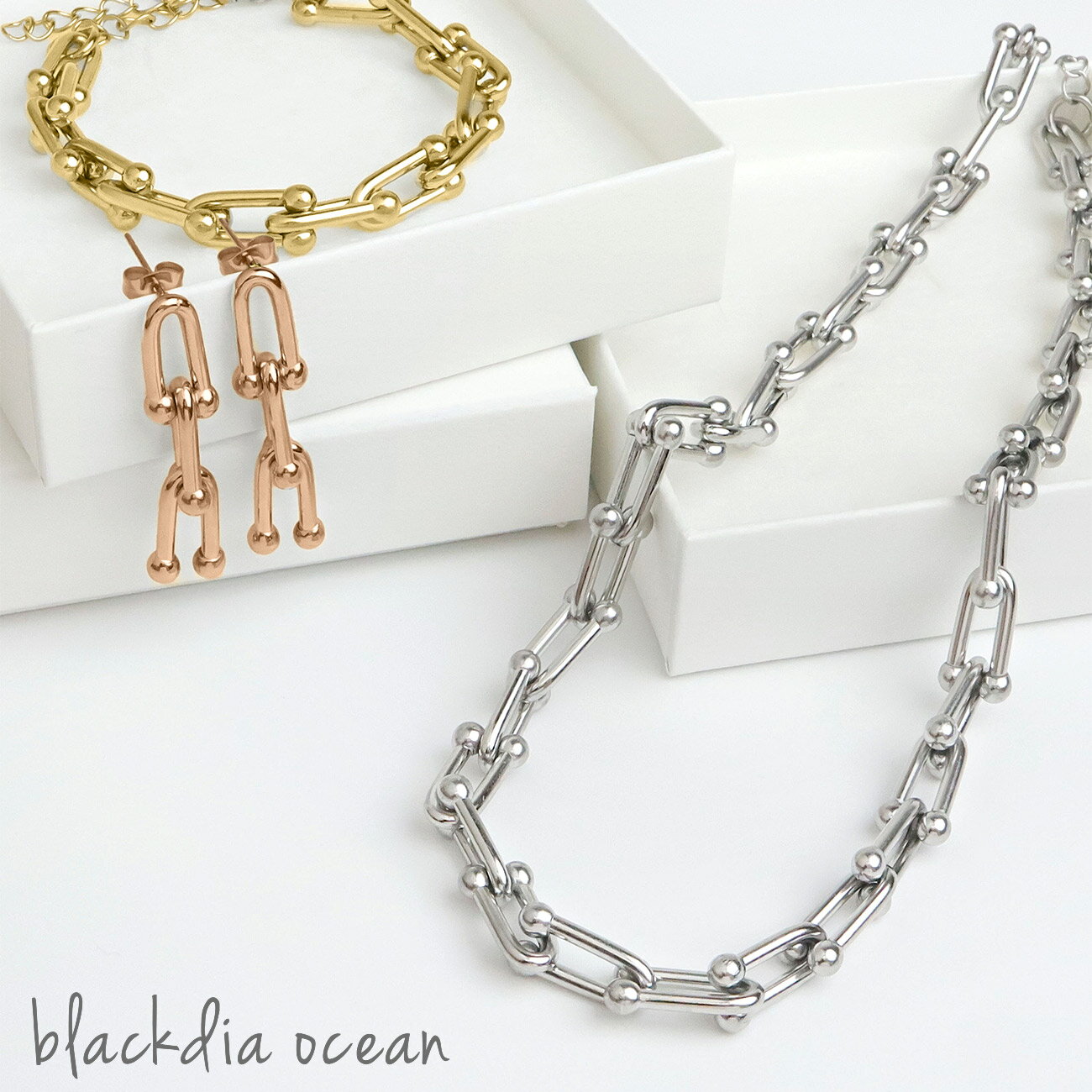 【最大10％OFFクーポン】ネックレス チェーン ブレスレット ピアス レディース blackdia ocean ホース シュー 金属アレルギー 対応 サージカルステンレス 馬蹄 モチーフ 18K GP チェーンネックレス シンプル おしゃれ 大人可愛い ホースシュー