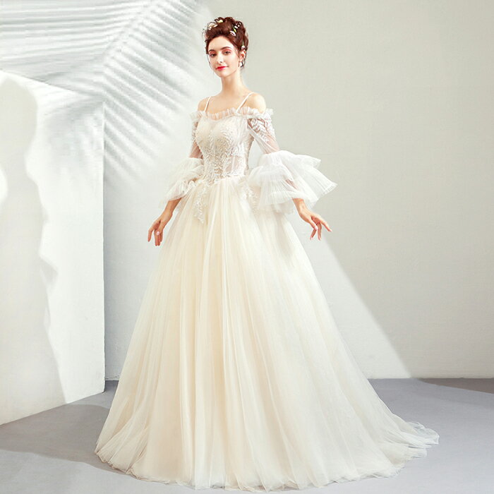 ウエディングドレス二次会長袖プリンセスラインドレス花嫁ドレスロングドレスウェディングドレス結婚式ブライダルカラードレスパーティードレスエンパイア大きいサイズ披露宴発表会オフホワイトweddingdressXXSXSSMLXLXXLXXXL