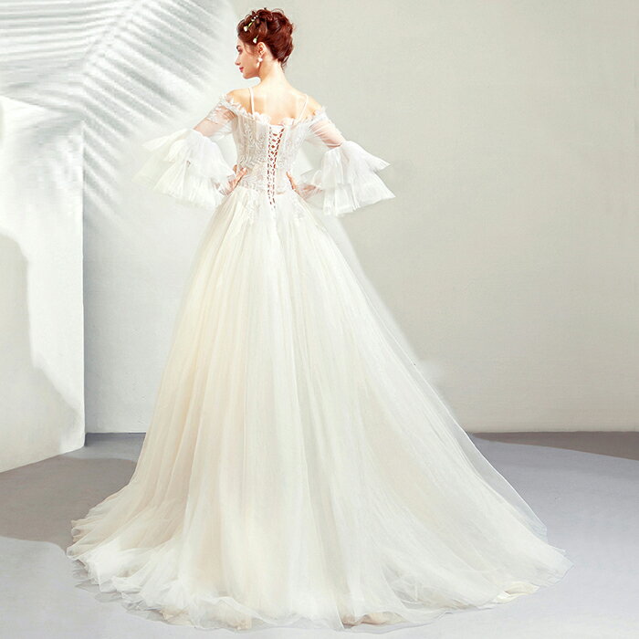 ウエディングドレス二次会長袖プリンセスラインドレス花嫁ドレスロングドレスウェディングドレス結婚式ブライダルカラードレスパーティードレスエンパイア大きいサイズ披露宴発表会オフホワイトweddingdressXXSXSSMLXLXXLXXXL