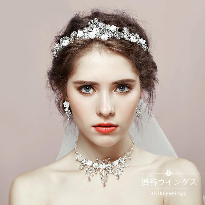 ヘッドドレス ティアラ ネックレス ピアス イヤリング 3点セット クラウン 髪飾り ウエディング 花嫁 パーティー 結婚式 アクセサリー 二次会 発表会 披露...