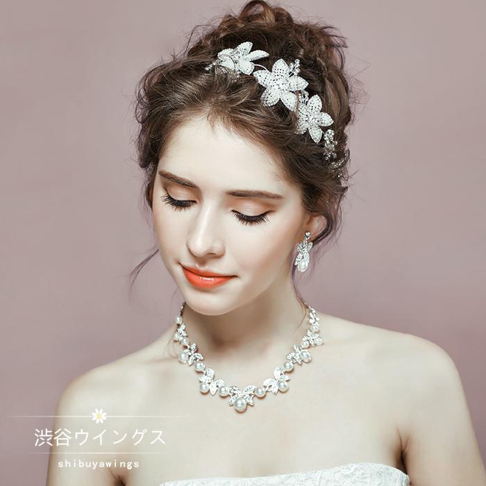 ヘッドドレス ウエディング ティアラ ネックレス ピアス イヤリング 3点セット 髪飾り パーティー 花嫁 結婚式 アクセサリー 二次会 発表会 披露宴 イベント