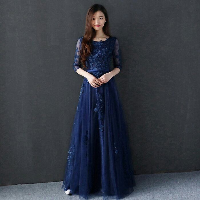 ロングドレス 長袖 カラードレス 演奏会 イブニングドレス パーティードレス 結婚式 二次会 フォーマル 花嫁 カクテルドレス aラインドレス 発表会 小きいサイズ 大きいサイズ 披露宴 青