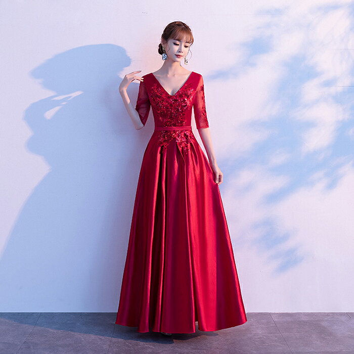 ロングドレス 演奏会 袖あり カラードレス 赤 パーティードレス イブニングドレス 演奏会用ドレス 結婚式 フォーマルドレス 花嫁 Aラインドレス 二次会 お呼ばれ エンパイア コンサート 大きいサイズ 披露宴 発表会 XXS XS S M L XL XXL XXXL