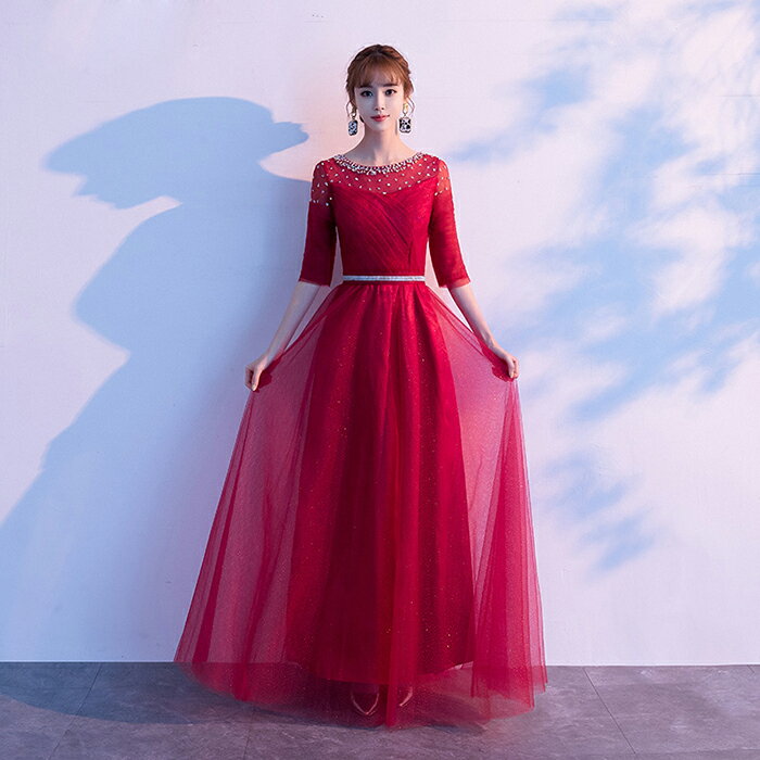 カラードレス 袖あり 赤 ロングドレス 演奏会用ドレス パーティードレス 演奏会 イブニングドレス 結婚式 フォーマルドレス 花嫁 Aラインドレス 二次会 お呼ばれ エンパイア コンサート 大きいサイズ 披露宴 発表会 XXS XS S M L XL XXL XXXL