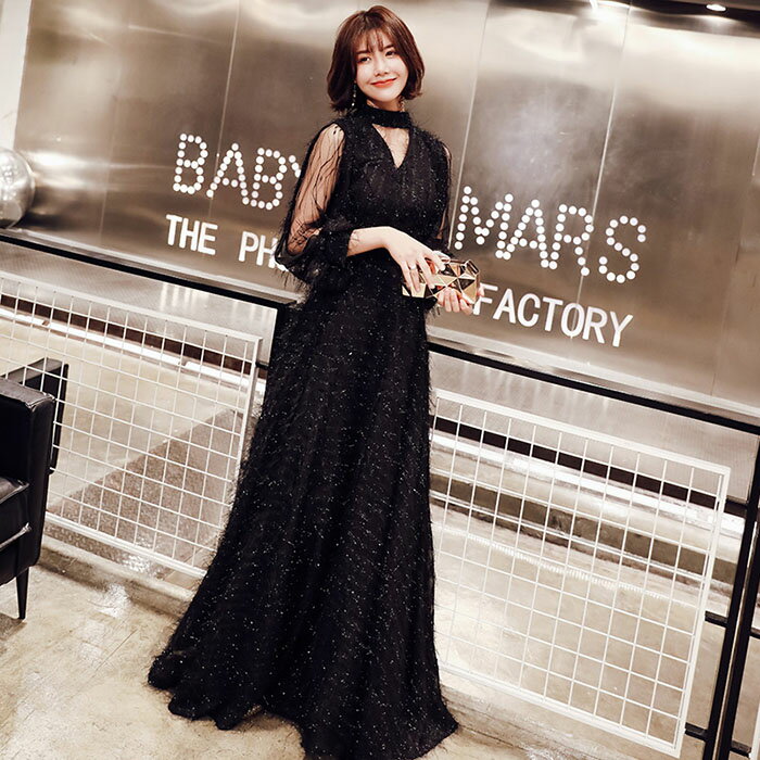 ロングドレス 演奏会 袖あり カラードレス 黒 パーティードレス イブニングドレス 演奏会用ドレス フォーマルドレス カクテルドレス 花嫁 結婚式 Aラインドレス 大きいサイズ ワンピース 二次会 エンパイア お呼ばれ コンサート 発表会 披露宴 夏 XXS XS S M L XL XXL XXXL