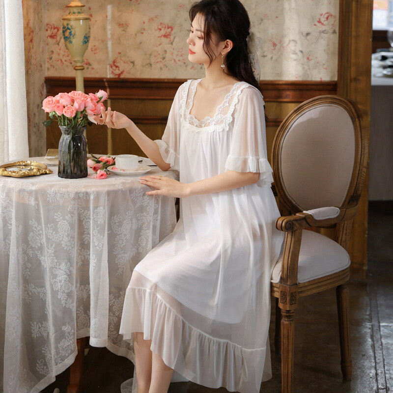 パジャマ ネグリジェ 部屋着 レディース ルームウェア ホワイト 半袖 レース フリル スクエアネック ナイトウェア 寝間着 ふんわり ゆったり 無地 可愛い 女性用 綿 柔らかい 白 春秋 大きいサイズ シンプル 寝巻き カジュアル 室内 薄手 姫系 エレガント 北欧風 プリンセス 2