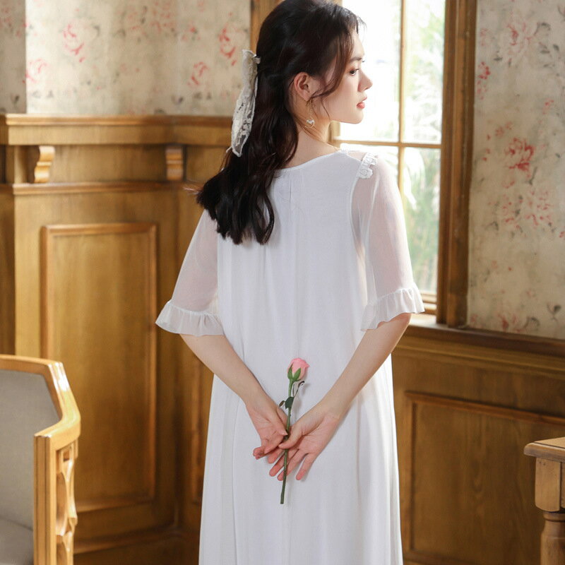 パジャマ ネグリジェ 部屋着 レディース ルームウェア ホワイト 半袖 レース フリル スクエアネック ナイトウェア 寝間着 ふんわり ゆったり 無地 可愛い 女性用 綿 柔らかい 白 春秋 大きいサイズ シンプル 寝巻き カジュアル 室内 薄手 姫系 エレガント 北欧風 プリンセス 3