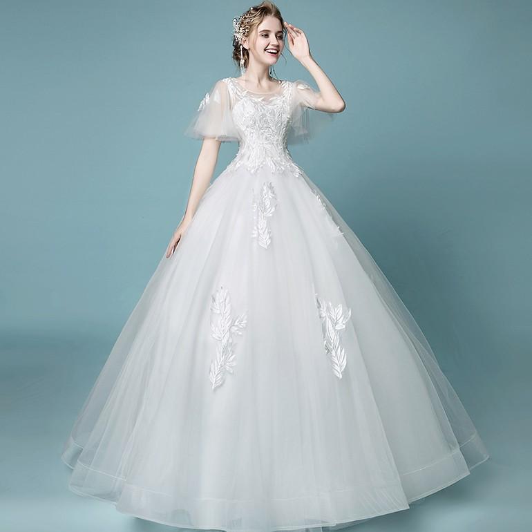 ウェディングドレス 半袖 白 オフホワイト 安い 結婚式 花嫁 プリンセス ロングドレス ブライダル 二次会 パーティードレス 披露宴 イブニングドレス 大きいサイズ ウエディングドレス 前撮り 後撮り ウェディングフォト 小さいサイズ 海外挙式 セミオーダー