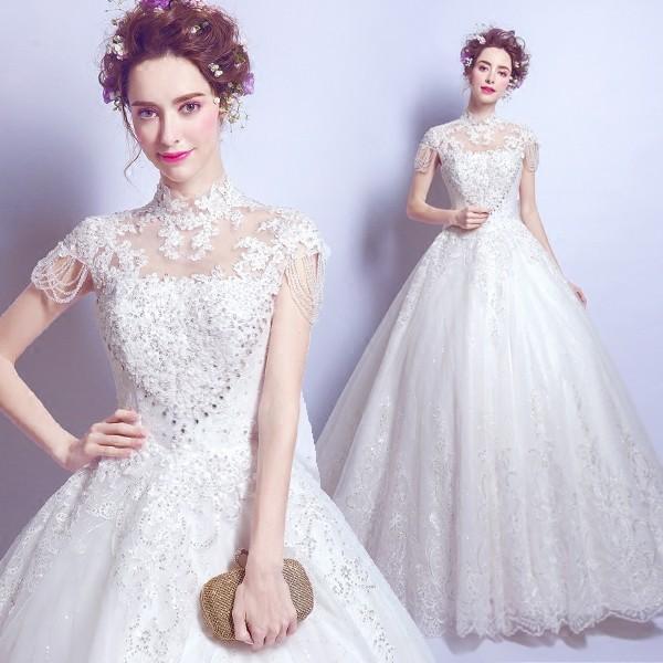 ウェディングドレス 二次会 安い 半袖 花嫁 ウエディングドレス ブライダル 結婚式 ロングドレス 白 オフホワイト 大きいサイズ プリンセスラインドレス エレガンス 披露宴 前撮り 後撮り ウェディングフォト 小さいサイズ 海外挙式 セミオーダー