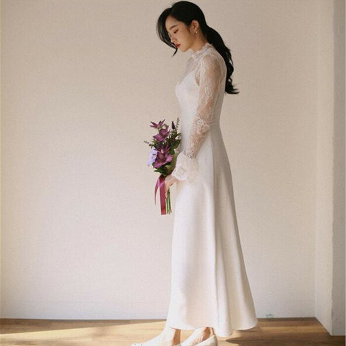 ウェディグドレス 長袖 ミモレ丈 二次会 ドレス 花嫁 パーティドレス 結婚式 ミニ 白ワンピース カジュアル 海外挙式 白 wedding dress 演奏会 衣装 大きいサイズ 披露宴 お呼ばれ コンサート 前撮り パーティー 袖付き 長袖 秋冬