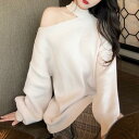 トップス ニット ワンショルダー 韓国ファッション 無地 ボトルネック 秋 冬 長袖 おしゃれ 可愛い オルチャン オープンショルダー 肩出し ホルターネック風 ゆったりめ 体型カバー 個性的 オーバーサイズ ゆるニット レディース ブラック ホワイト ブラウン フリーサイズ