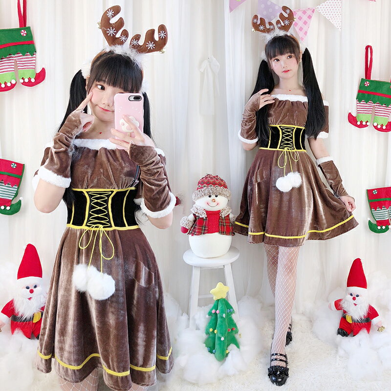 クリスマス サンタコス サンタクロース コスチューム トナカイ サンタ衣装 サンタ服 コスプレ ブラウン ロリータ コルセットベルト風 女性 大人 可愛い クリスマス衣装 仮装 サンタガール イベント 演出 パーティー ワンピース cosplay Christmas プレゼント ギフト X'mas